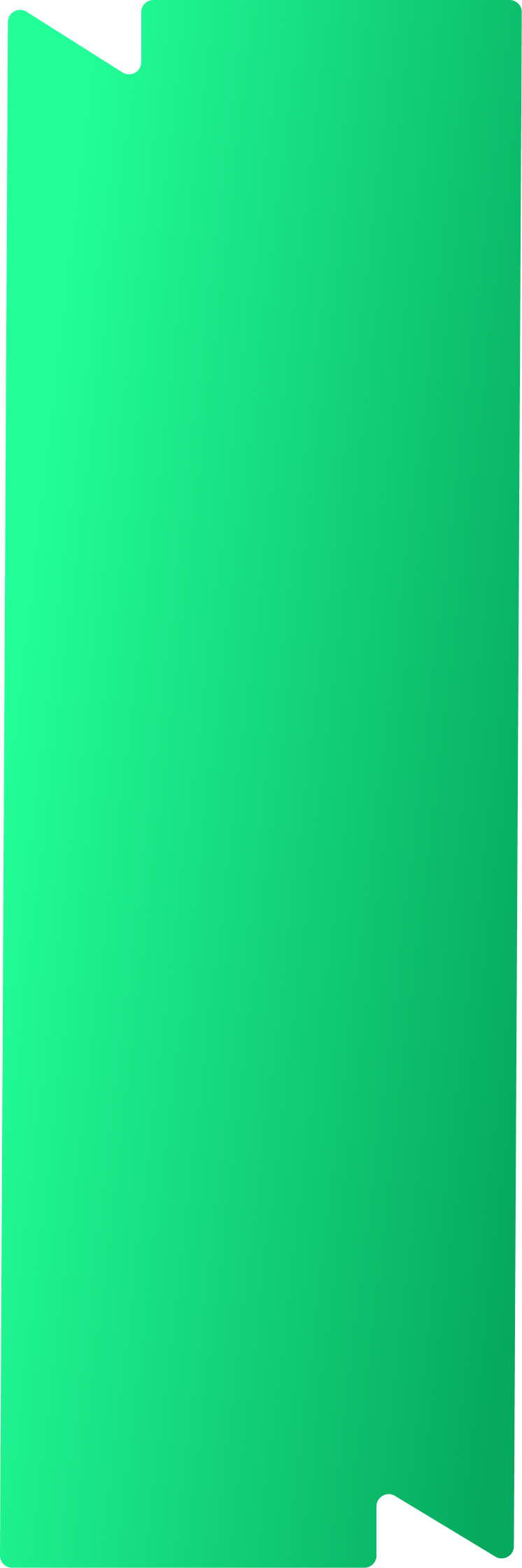 Vertical green gradient shape with rounded corners and notches along the top left and bottom right edges.